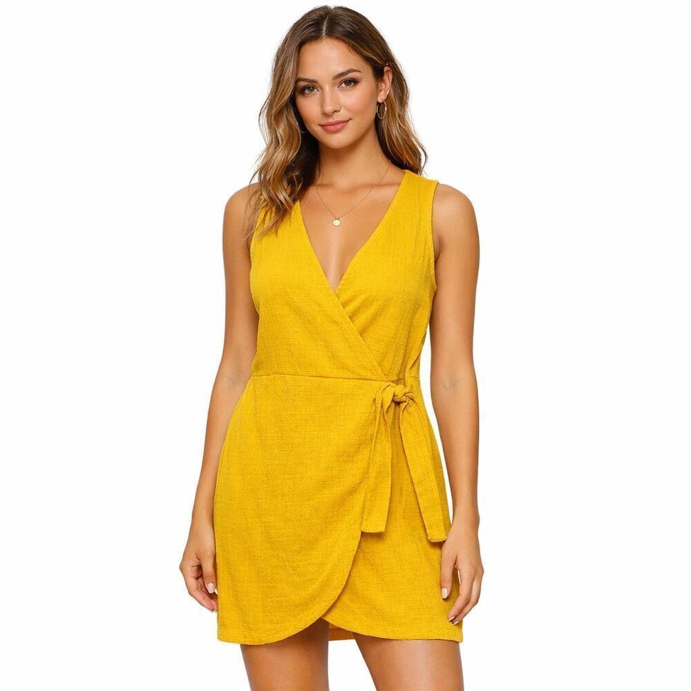 Madewell Dress Womens XS Yellow Sleeveless Wrap Tie Waist Textured Mini Summer